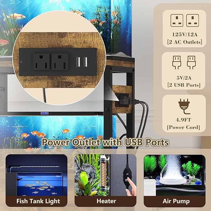 Heybly 10-20 Gallon Fish Tank Stand, Aquarium Stand with Drawer, Power Outlet, Heavy Duty Metal Frame, for Fish Tank, Turtle & Reptile Terrarium, 24.4" × 12.6" Top, 200lbs, Rustic Brown HAS003SSR