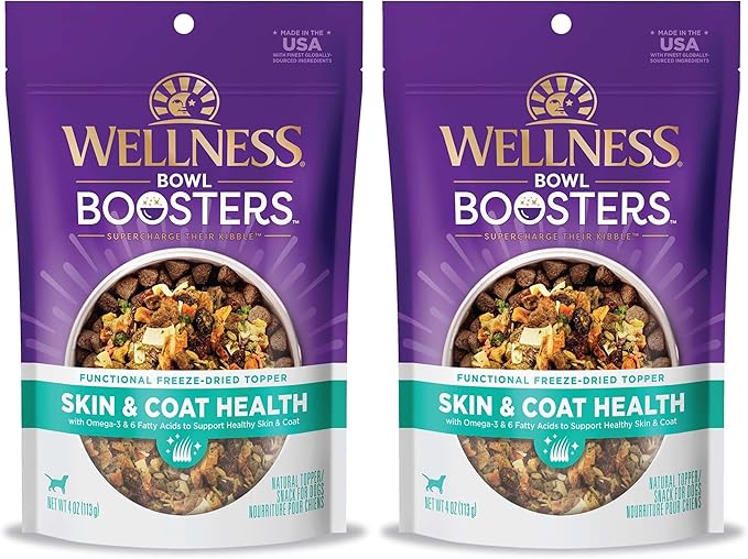 Wellness Bowl Boosters, Dog Food Topper for Small, Medium, & Large Breeds, Grain Free, Natural, Freeze Dried, Skin & Coat Health Chicken, 4 Ounce Bag (Pack of 2)