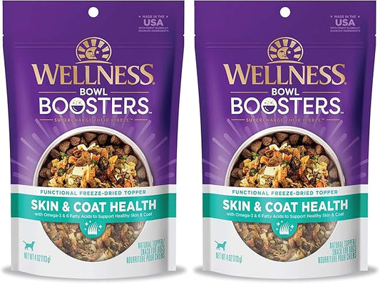 Wellness Bowl Boosters, Dog Food Topper for Small, Medium, & Large Breeds, Grain Free, Natural, Freeze Dried, Skin & Coat Health Chicken, 4 Ounce Bag (Pack of 2)