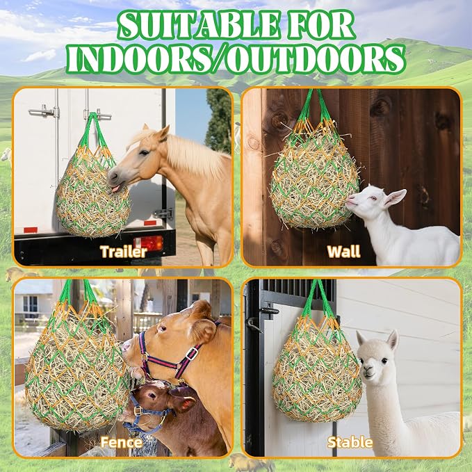 YedsIntu 3 Pcs Hay Bags for Horses, Hay Nets for Horses Goat Sheep,Goat Hay Feeder for Slower Feeding,Strong Load-Bearing Hay Bag Hanging for Horse Stable Trailer (Green)
