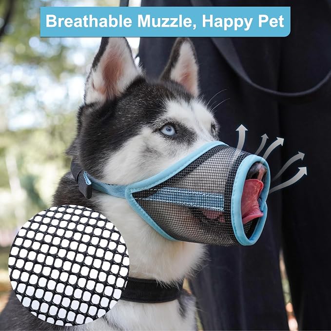 LUCKYPAW Dog Muzzle, Mesh Muzzle for Large Medium Dogs, Soft Mouth Cover to Prevent Biting Chewing, Drinkable Breathable Adjustable Puppy Mouth Guard (XL(Snout: 8¾"-10¼"), Baby Blue)