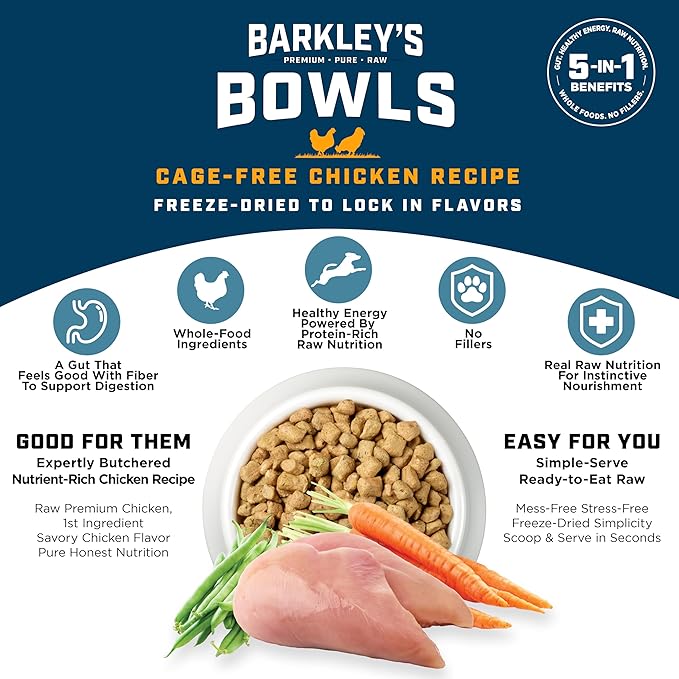 Barkley’s Bowls, Freeze-Dried Raw Chicken Dog Food, Fresh Whole Food Ingredients with Cage-Free Chicken, Grain Free, High Protein for Balanced Nutrition, Dog Treats or Topper, 16 Oz Bag