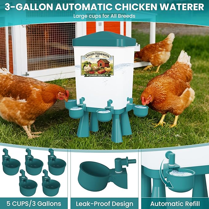 Erinaik Chicken Feeder and Waterer Set, 3 Gallon/16 LB Automatic Poultry Feeding System with Hanging Option, No Waste Feeder Ports & Water Cups, BPA-Free, Ideal for Hens Ducks and Poultry (BLUE2)