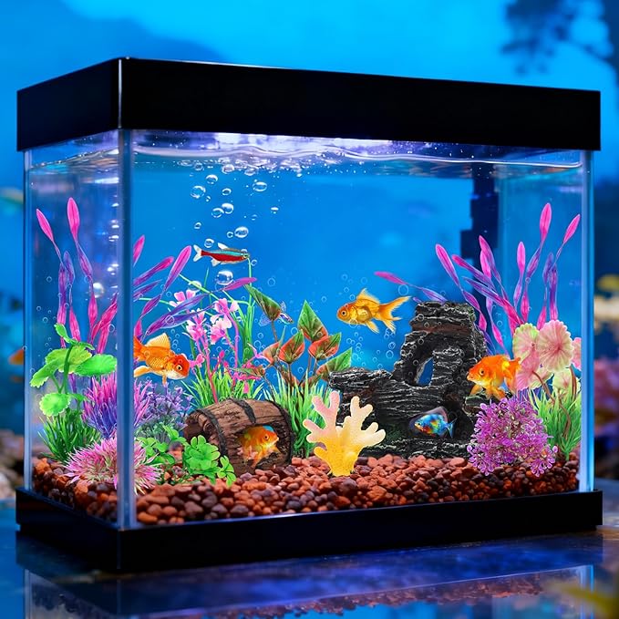 QUOZUO 15 Pcs Aquarium Artificial Plastic Plants Decorations and Resin Barrel and Coral Rock Cave Set, Fish Tank Accessories Hideout Ornaments Aquarium Decor Set