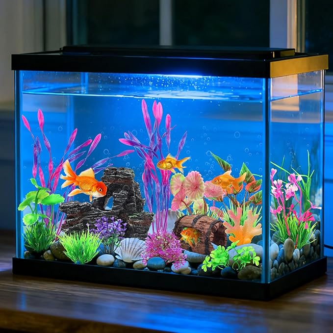 QUOZUO 15 Pcs Aquarium Artificial Plastic Plants Decorations and Resin Barrel and Coral Rock Cave Set, Fish Tank Accessories Hideout Ornaments Aquarium Decor Set