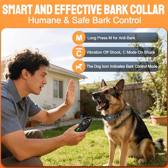 2-in-1 Dog Shock Collar & Bark Collar, 990FT Dog Training Collar with Remote, IPX7 Waterproof E Collar, 3 Training Modes, LED Light for Small Medium Large Dogs (8-120 lbs) - 2 Collar