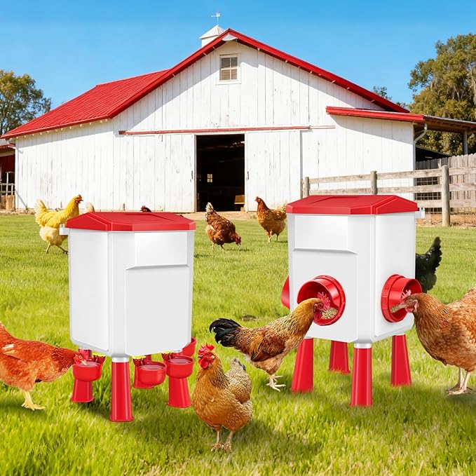 Chicken Feeder and Waterer Set 3 Gallon/26.4 Pounds, Automatic Chick Feeder and Waterer Set No Waste, Poultry Feeder Large for Hens/Ducks/Poultry