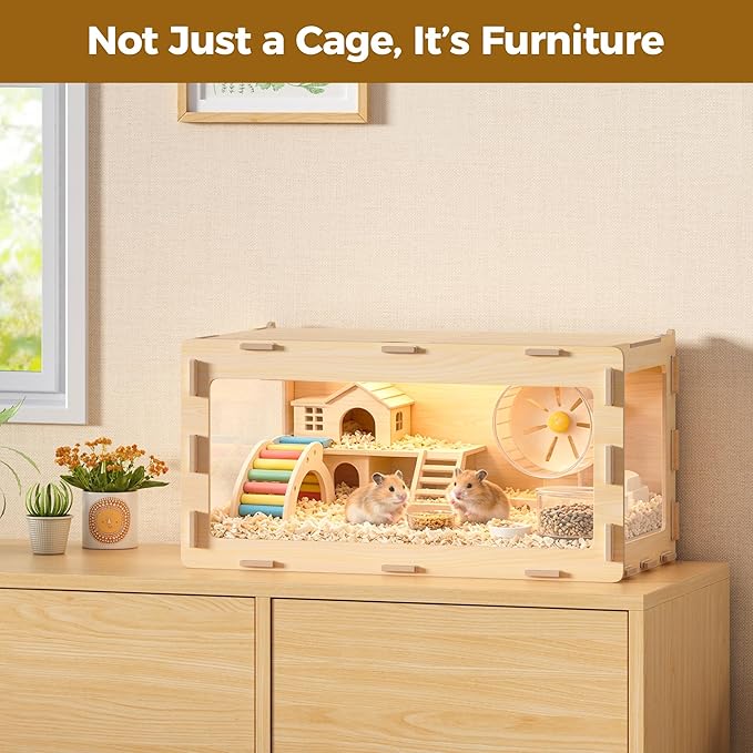 COZIWOW Hamster Cage, Chewproof 32" Large Wooden Hamster Enclosure with 270° Panoramic View, Acrylic Small Animal Habitat Cage for Syrian, Guinea Pig, Chinchilla, Gerbil