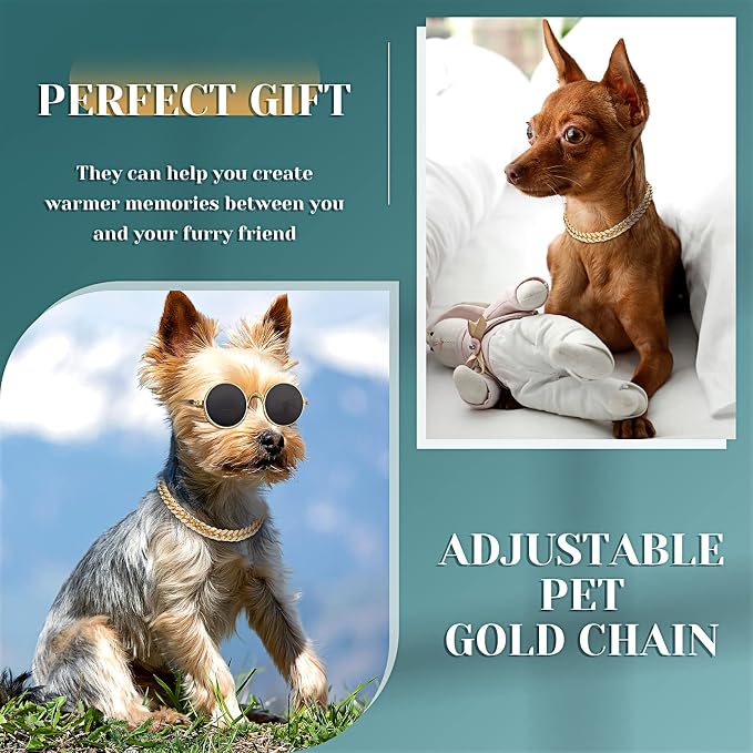 Xuniea 2 Pieces Cat Dog Chain Collar and Sunglasses Set Rhinestone Necklace with Secure Buckle Round Glasses for Doll Cat Dog Pet Accessories(12 Inch,Gold, Black)