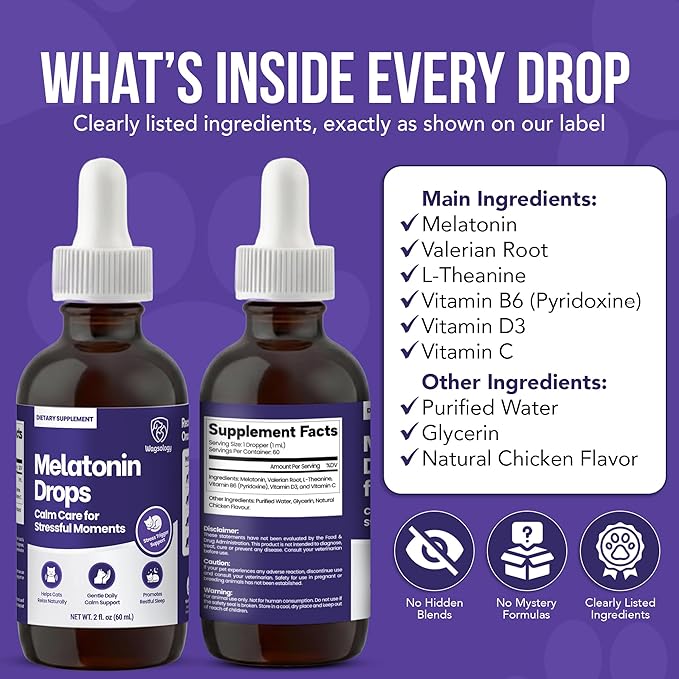 Cat Melatonin Drops, Liquid Melatonin for Cats for Grooming, Travel and Vet Visits, Calming Cat Sedative for Grooming, Cat Sleep Aid, Cat Melatonin Treats