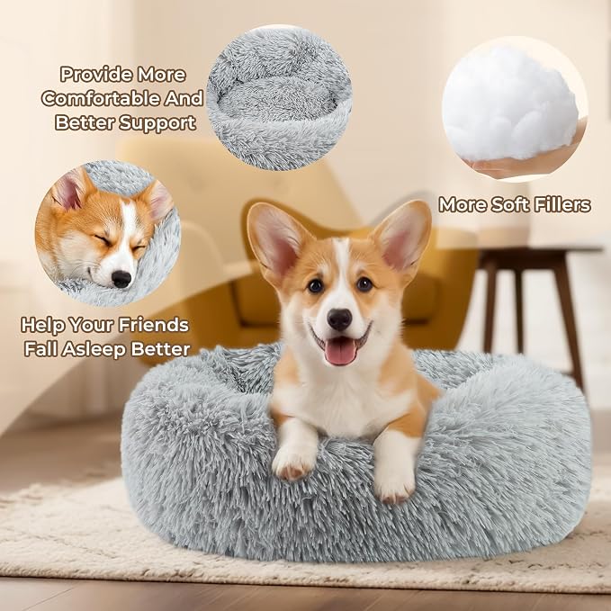 Calming Donut Dog Bed for Small Dogs, Anti-Anxiety Round Washable Plush Fluffy Faux Fur Large Cat Bed, 24 inches Fits up to 25 lbs Pets, Anti-Slip Waterproof Mute Base Gray