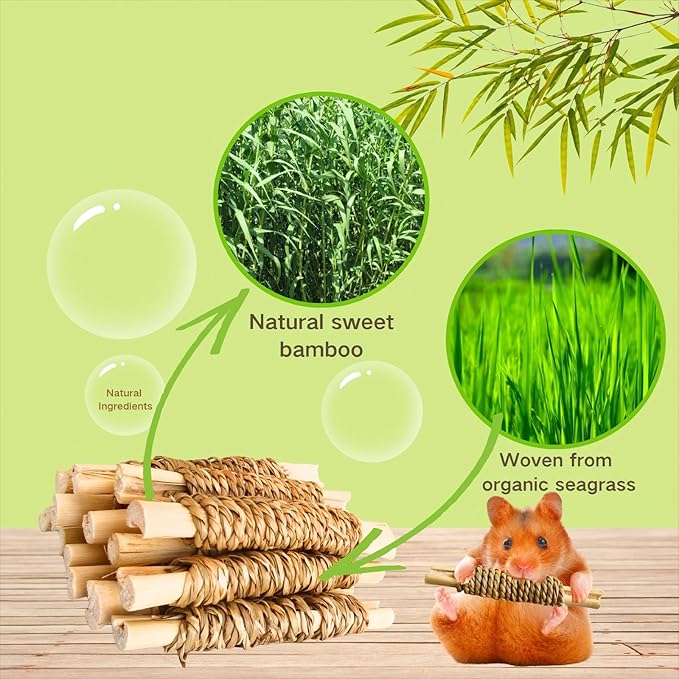 15pcs Rabbits Chew Toy,Natural Seagrass Sweet Bamboo Chew Stick for Small Animals,Bunny Cage Chew Enrichment Toys and Treats for Guinea Pigs Chinchillas Hamsters Rats