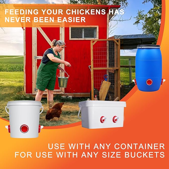 ZenxyHoC Chicken Feeders No Waste, DIY Automatic Poultry Feeder 8 Ports 1 Hole Saw with Covers Gravity Feed Kit for Buckets Barrels Bins Troughs (Red)