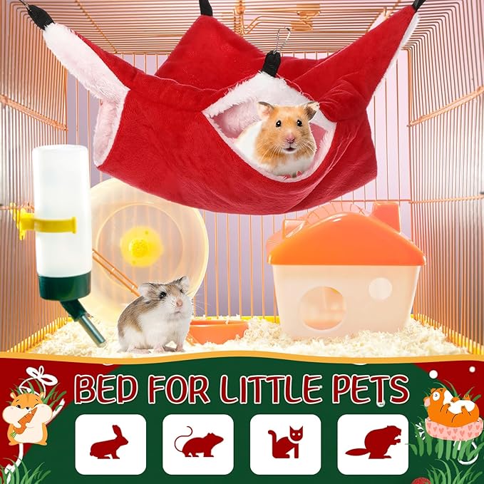 Nuogo 4 Pcs Rat Hammock for Cage Small Animal Hanging Ferret Hammocks for Rat Accessories Double Layer Ferret Bed for Guinea Pig Playing Sleeping (Red, Green, Rose Red, Turquoise,Classical)