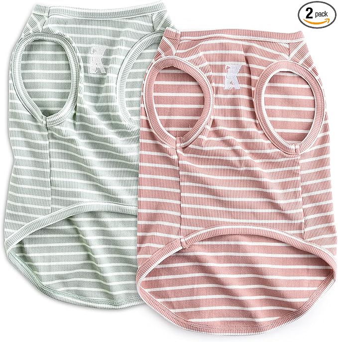 Koneseve Dog Shirt Vest Lightweight Stretchy Dog T-Shirts Soft Cool Shirts Sleeveless Stripe Vests Breathable Clothes for Puppy Kitty Cats Small Medium Large Dogs 2 Pack Pink + Green [ L/Large ]