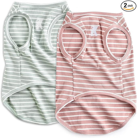 Koneseve Dog Shirt Vest Lightweight Stretchy Dog T-Shirts Soft Cool Shirts Sleeveless Stripe Vests Breathable Clothes for Puppy Kitty Cats Small Medium Large Dogs 2 Pack Pink + Green [ L/Large ]