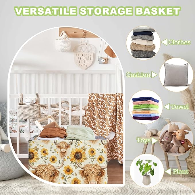 Sunflower Highland Cow Storage Basket, Highland Cow Nursery Decor, Closet Shelf Organizer Baskets for Nursery Decor, Bathroom, Bedroom, Large Squarecanvas Laundry Hamper With Foldable