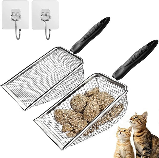 2 Pack Cat Litter Scoop with 3.8mm & 5mm Mesh – Stainless Steel Kitten Litter Scoop with 2 Adhesive Hooks, Metal Cat Poop Scooper for All Litter Types, Efficient Sifting & Easy Cleaning for Litter Box
