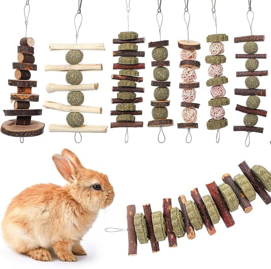 7 Pcs Bunny Chew Toys, Natural Apple Wood Hanging Rabbit Chew Toy Treats for Guinea Pigs Hamsters Chinchilla Ferret Rats, Improve Small Animal Dental Health for Teeth Grinding