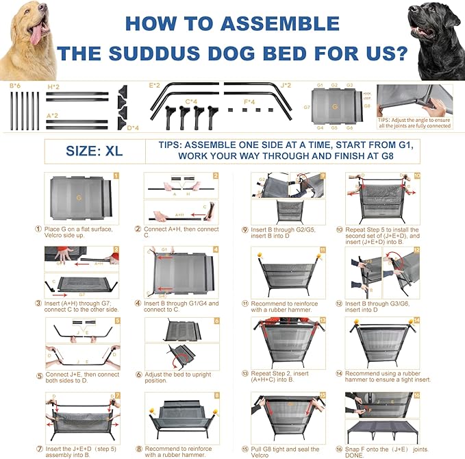 Suddus Elevated Dog Bed for Large Dogs 140lb, Breathable Cooling Raised Dog Cot with Dual Support Bars & Metal Frame, No-Slip Feet, Waterproof Pet Bed for Indoor/Outdoor, X-Large, 48 * 36 * 9in, Grey