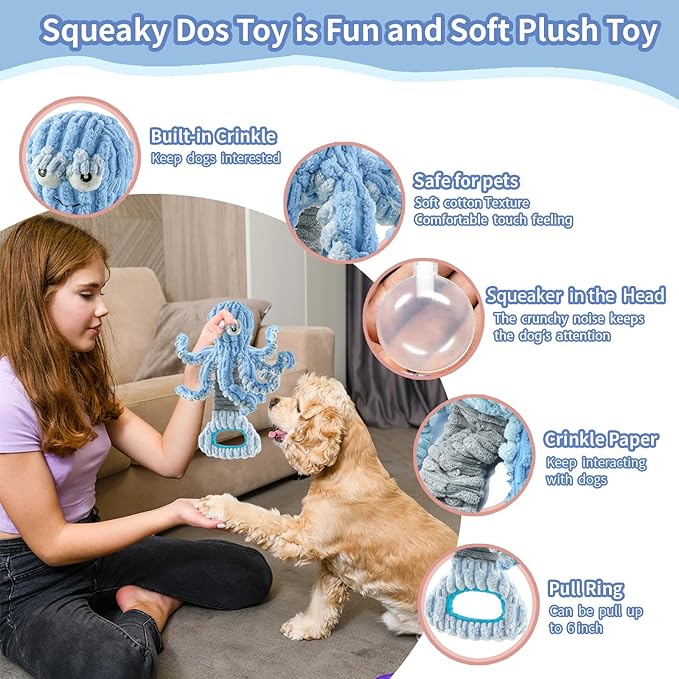 YZHDUXIU Squeaky Dog Toys, Octopus Dog Toy Interactive Tug of War Puppy Toy to Keep Them Busy(Blue)