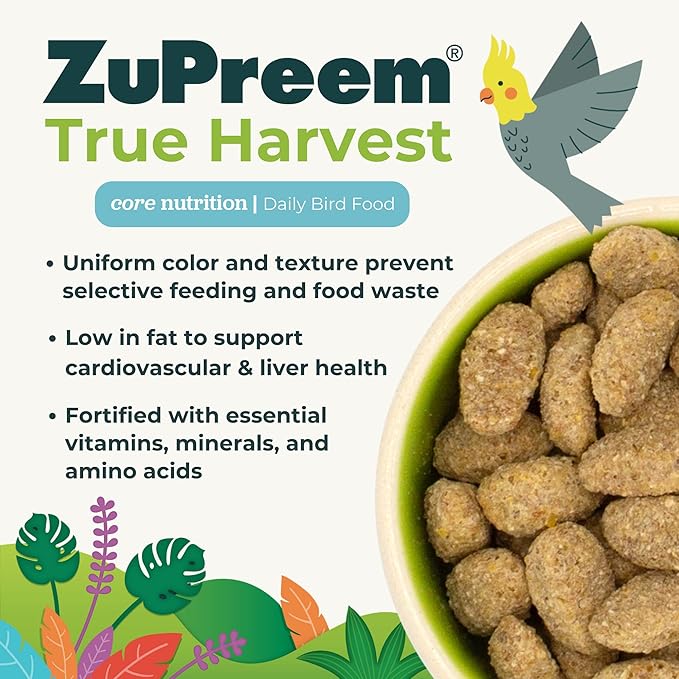 ZuPreem True Harvest Bird Food, Daily Bird Feed Pellets for Amazons, Cockatoos & Macaws, ZuPreem Core Nutrition, Made in USA, Added Vitamins, Cockatoo Food, Macaw Feed, (Large, 3 lb Bag)