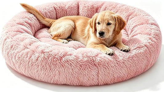 Calming Extra Large Donut Dog Bed, Anti-Anxiety Round Soft Fluffy Plush Faux Fur Washable Anti-Slip Pet Bed for Medium Dogs Up to 45 lbs 32in Pink