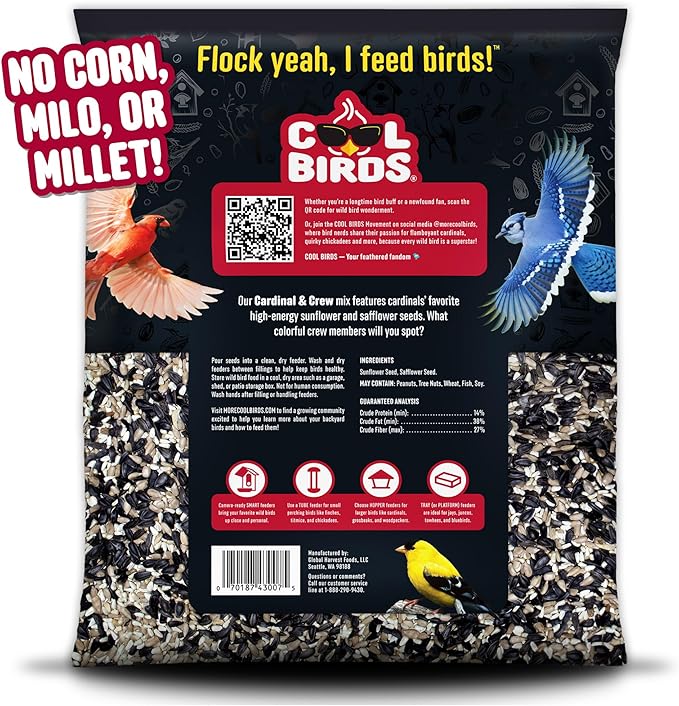 Cool Birds Cardinal & Crew Wild Bird Seed – 10 lb. Black Oil Sunflower, Sunflower Hearts & Safflower Blend for Cardinals, Grosbeaks & Chickadees – Bird Food for Outside Feeders