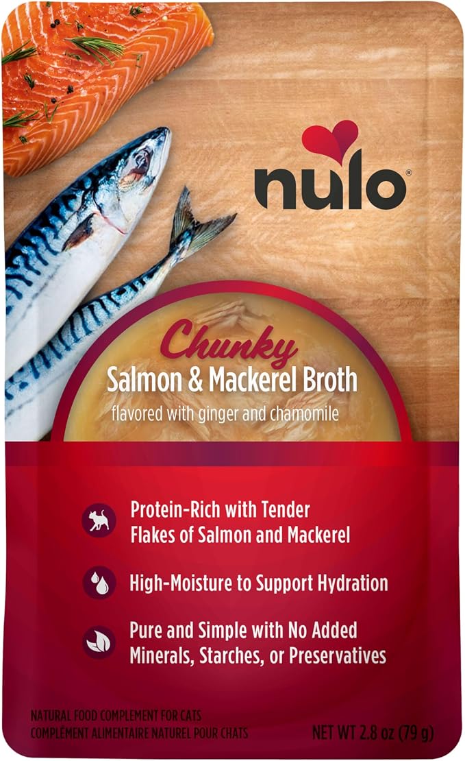 Nulo FreeStyle Cat Broth Pouches, Chunky Salmon & Mackerel, High-Protein Wet Cat Food Topper Treat for Indoor & Outdoor Kittens and Adults, 24 x 2.8oz