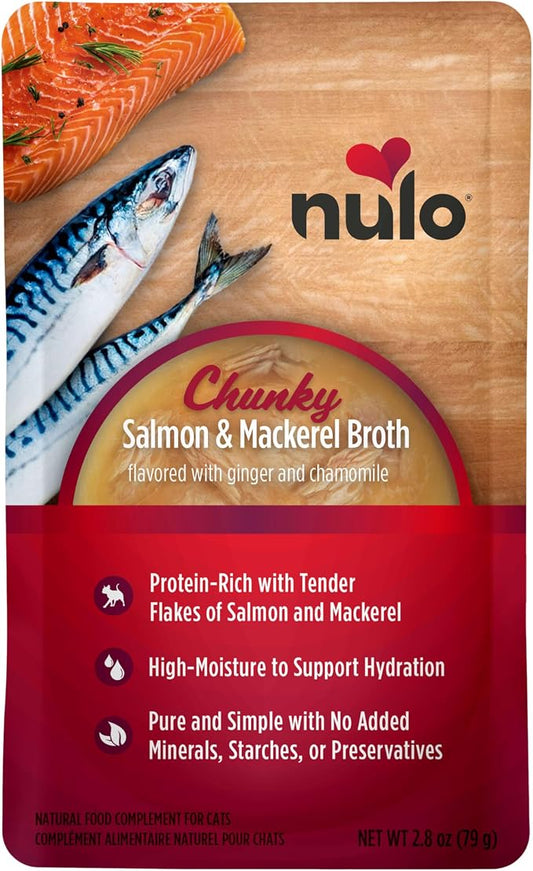 Nulo FreeStyle Cat Broth Pouches, Chunky Salmon & Mackerel, High-Protein Wet Cat Food Topper Treat for Indoor & Outdoor Kittens and Adults, 24 x 2.8oz