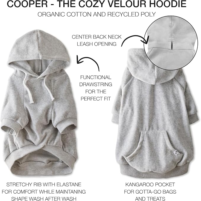 Pet Passion Cooper II Organic Cotton Velour Dog Hoodie Pet Coat for Small, Medium and Large Dogs, Light Heather Gray, Medium