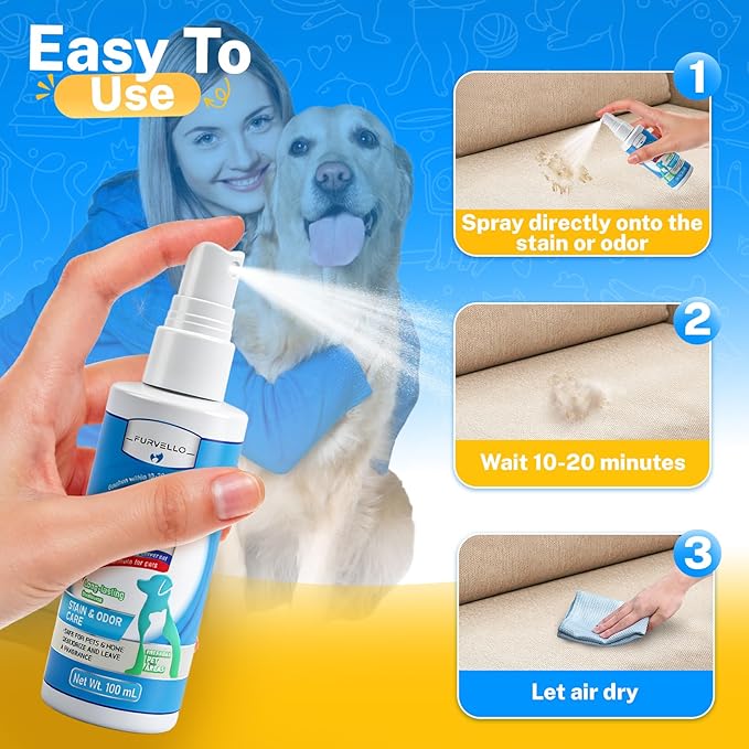 2 in 1 Pet Odor Eliminator Spray & Stain Remover for Dogs & Cats, Enzymatic Cleaner for Dog Urine and Cat Pee, Pet Spray Deodorizer, Portable Pet Odor Remover for Instant Cleanups Anywhere, 3.38 FL OZ