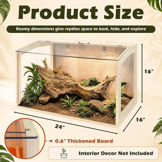 PROLEE Bearded Dragon Tank, Lizard Tank with Clear Tempered Glass Roof,Anti-Scratch Reptile Enclosure, Reptile Tank Built-in Light Fixtures with Switch (24X16X16inch,24 Gallon)