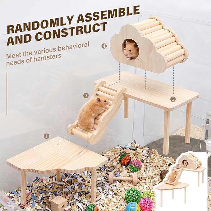 4 PCS Natural Wood Hamster Cage Accessories Set, Multi-Level Habitat Decor with Cloud Hideout, Climbing Ladder & Standing Platforms, Exercise Playground for Syrian Hamsters, Gerbils, Mice (A)