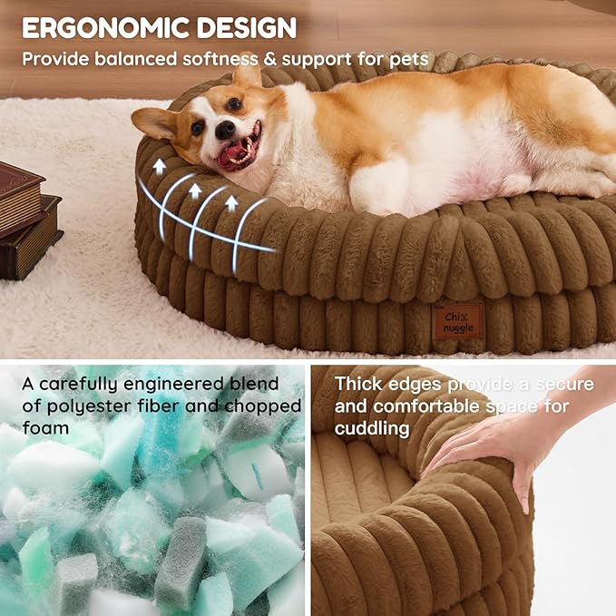 ChiXnuggle Dog Bed Large Sized Dog - Luxury Striped Faux Fur Waterproof Pet Couch with Removable Washable Cover, Orthopedic Pet Bed with Bolster Sides for Sleeping, Brown