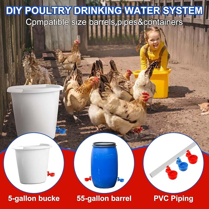 Tanlade 50 Pcs Automatic Chicken Waterer Cups Chicken Feeder for PVC Pipe Waterer Kit for Poultry Duck Goose Turkey Bunny (Red,Blue,Classic)