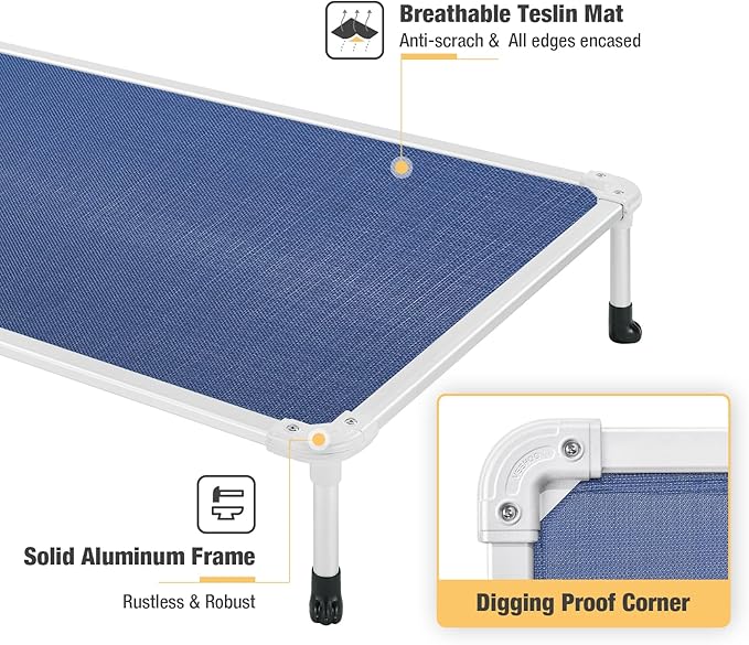 Veehoo Chew Proof Elevated Dog Bed - Cooling Raised Pet Cot - Silver Aluminum Frame and Durable Textilene Mesh Fabric, Unique Designed No-Slip Feet for Indoor or Outdoor Use, Blue, Large, CWC2003