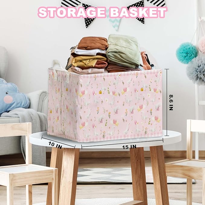 Goose Nursery Decor Girl, Pink Basket for Pink Nursery Decoration, One Silly Goose Birthday Decor Girl, Large Squarecanvas Laundry Hamper With A Waterproof PECoating, Foldable