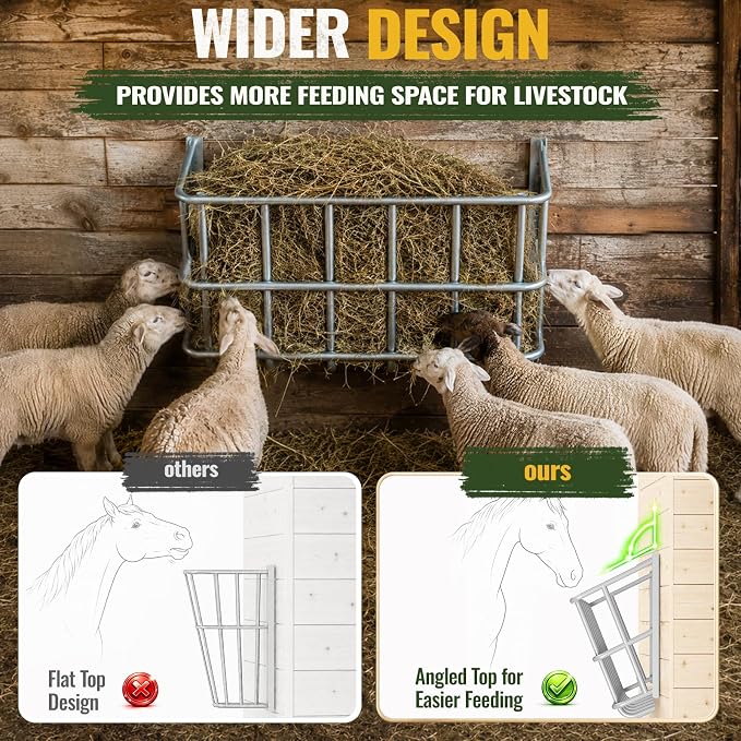 20 Gallon Wall Mount Hay Feeder, Metal Hay Rack for Goats and Horses | Galvanized steel, livestock feeding rack, barn stall feed holder, space-saving, rounded edges, easy install