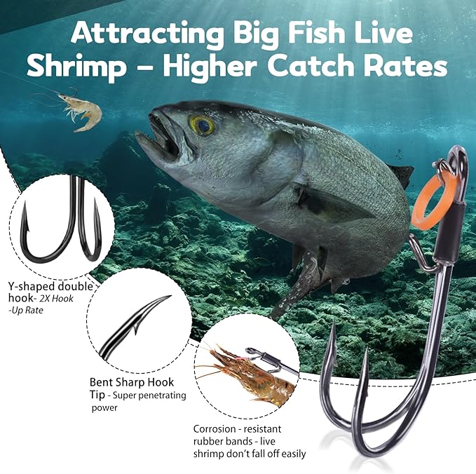 9KM DWLIFE Live Shrimp Hooks 10/15PCS Double Fishing Hooks Shrimp Hooks Fishing Saltwater Keep Alive Bait for Catfish Bass