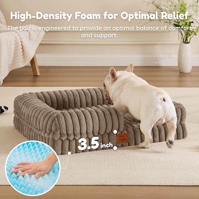 ChiXnuggle Orthopedic Dog Bed with Bolster Sides for Sleeping, Fluffy Plush Rectangular Dog Bed Medium Sized Dog, Luxury Striped Faux Fur Waterproof Dog Couch with Removable Washable Cover, Taupe