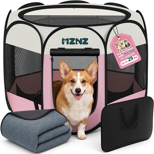 Dog Cat Playpen with Pee Pad, Portable Puppy Pet Crate Indoors for Small/Medium Dogs Cats Rabbits, Foldable Dog Cage Enclosure for Outdoor, Pop Up Dogs Tent Kennel with Carrying Case, Pink