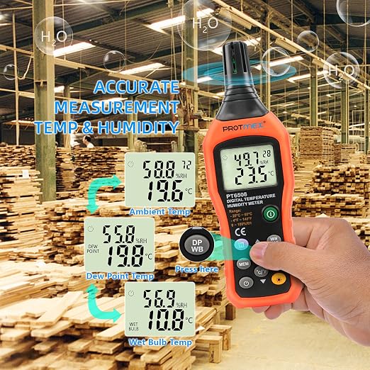 Protmex PT6508 Temperature Humidity Meter, Digital Thermometer Hygrometer Monitor with Ambient, Dew Point, Wet Bulb for Indoor/Outdoor MIN, MAX, Data Hold, LCD Backlight