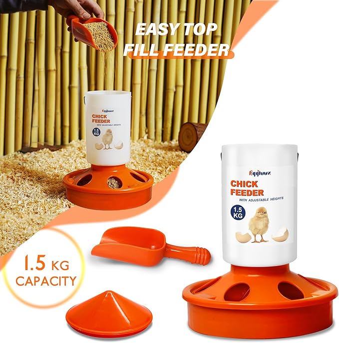 Eggluuz Chick Feeder and Waterer Kit, Top Fill 1.5kg Chick Feeder and 1.5L Chick Waterer with 3 Adjustable Heights