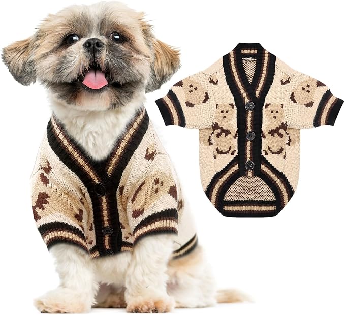 ABRRLO Small Dog Sweaters Cute Bear Dog Cardigans Clothes for Small Medium Dogs Boy Girl Puppy Cat Knitting Cardigan Outfits Dogs Autumn Coats Warm Pet Doggy Clothes Soft Knitwear Apparel (Beige,L)