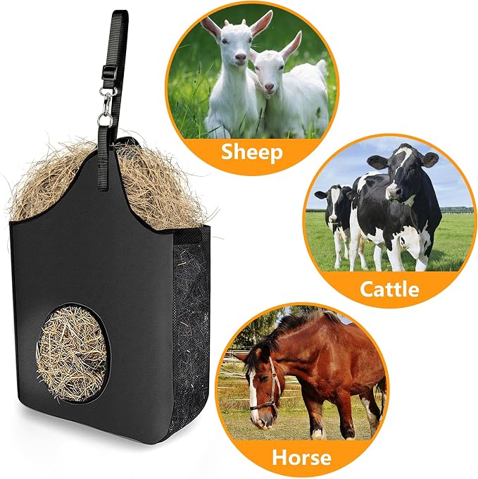 4 Pcs Hay Bag Hanging Goat Feeder Tote Premium Oxford Cloth with Metal Ring and Adjustable Strap for Horses Donkeys Cows Alpacas Ostriches or Other Animals Black