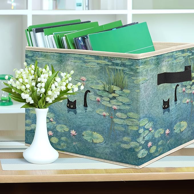 Water Lily Pond Black Cat Storage Bin Box, Cat Lover Mom Lady Grandma Gifts Collapsible Storage Basket Organizer for Bedroom Bathroom Home Clothes Toys Books, Toybox for Girls