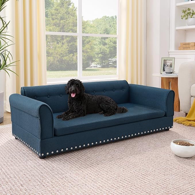 55" Dog Sofa for Medium to Large Dogs, Button Tufted Dog Couch Bed with Backrest and Armrests, Durable Memory Foam Pet Bed, Removable Cushion for Medium and Large Dogs, Blue