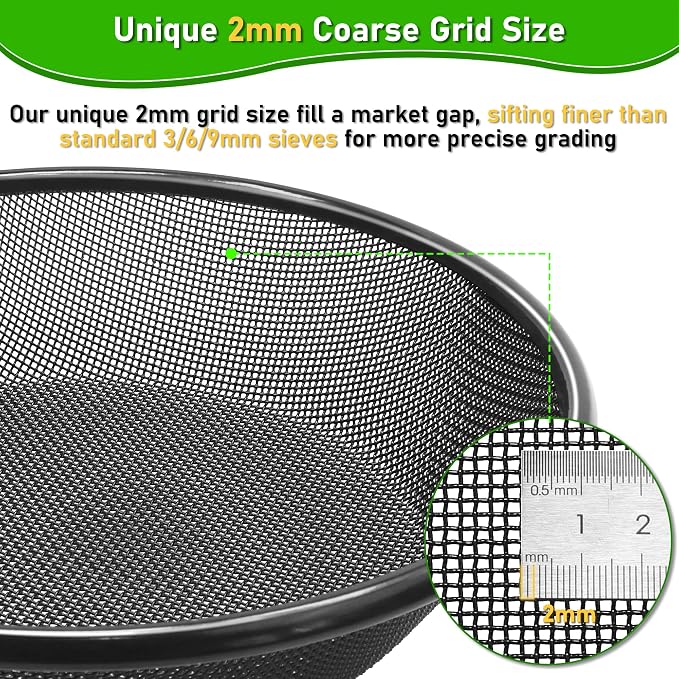 11.8" W Soil Sifter for Gardening, 2mm Grid Rock Sifter for 5 Gallon Bucket, Stainless Steel Fine Dirt Sifter, Compost Sifter for Capturing Dirt, Sand, Rocks, and Filtering Compost (Black)