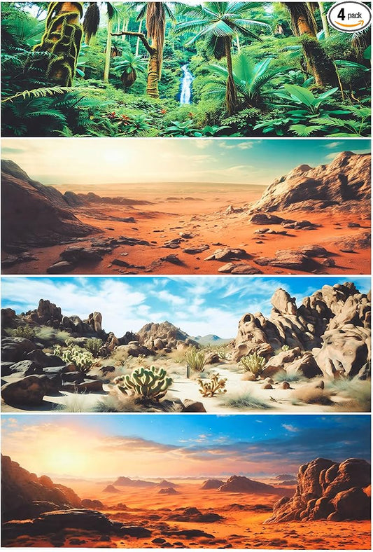 Breling 4 Pcs 48 x 18 Inch Reptile Habitat Background with Nano Glue Gobi Sun Cactus Stone and Green Tree Fern Stream Terrarium Background Polyester Durable Aquarium Accessories
